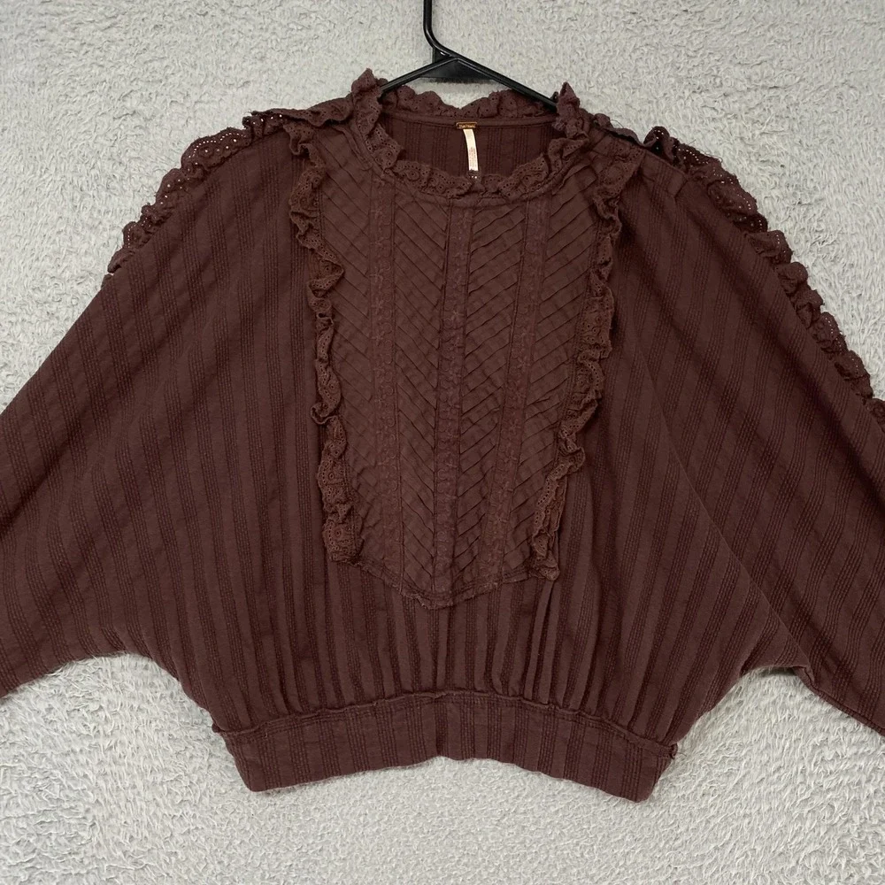 Free People More‎ Romance Top Womens XS Cropped Ruffle Lace Boho Brown Victorian
